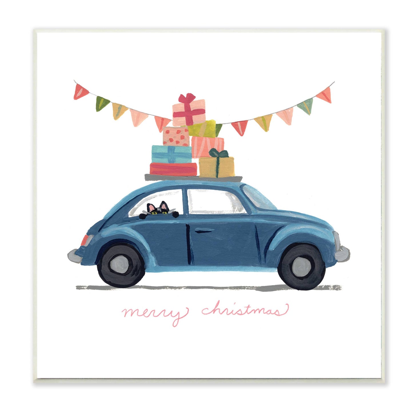 Blue Christmas Cat Car Wall Plaque