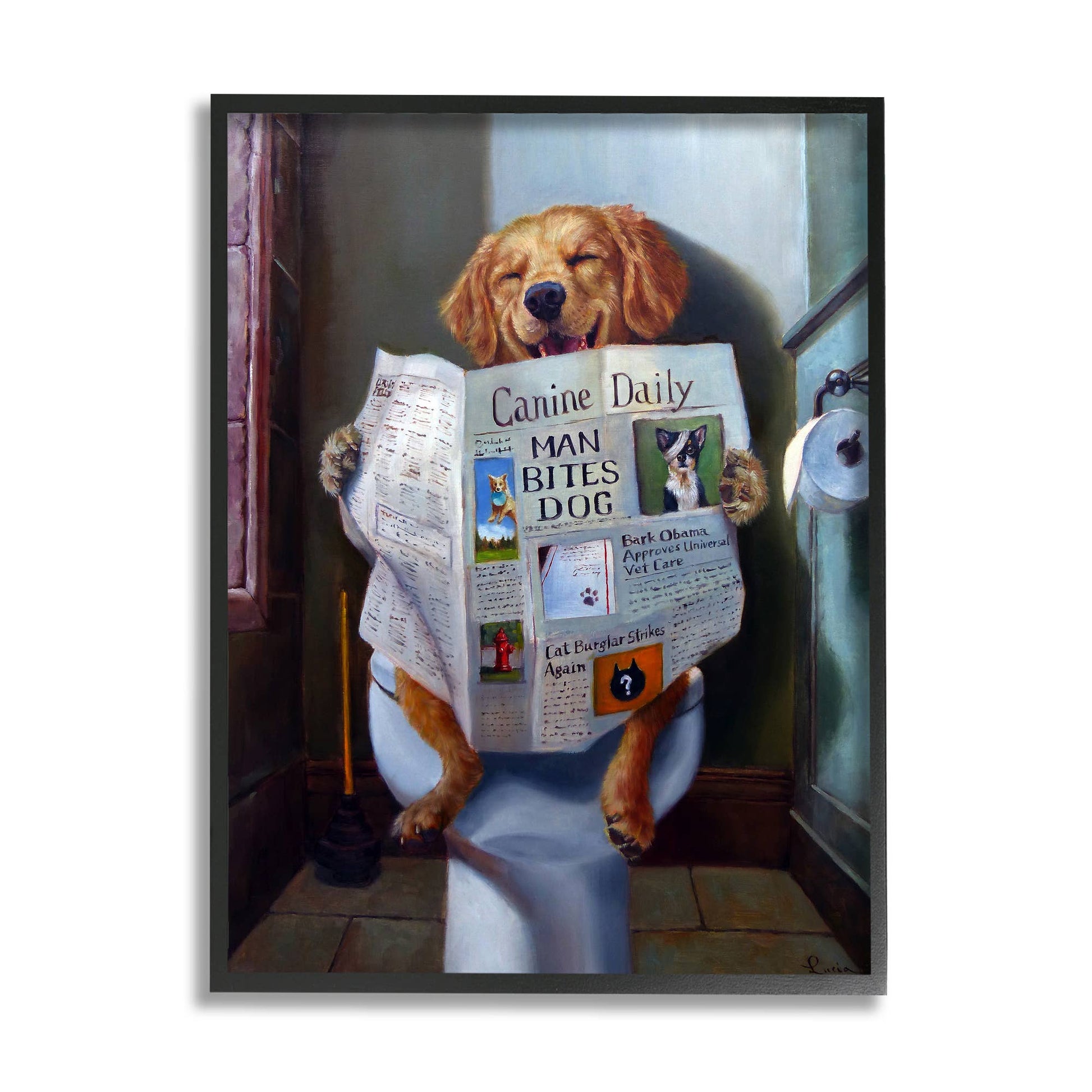 Dog Reading Paper on Toilet Texturized Art