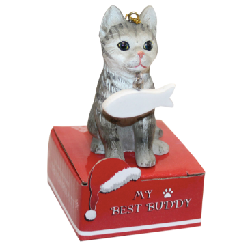 Statue Ornament with Fish-Silver Tabby