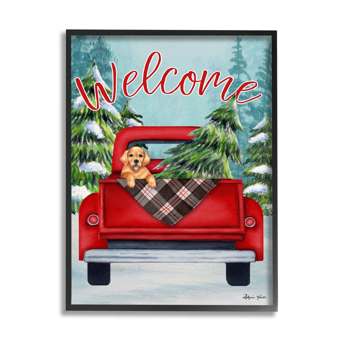 Red Christmas Truck with Dog Texturized Art