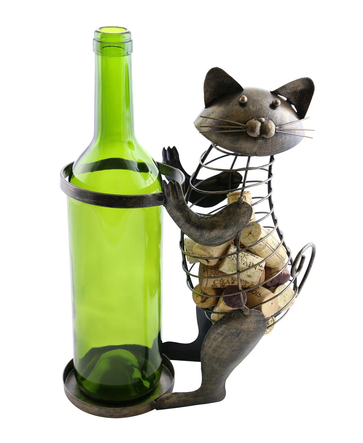 Cat Metal Wine Bottle Holder w/Cork Saver